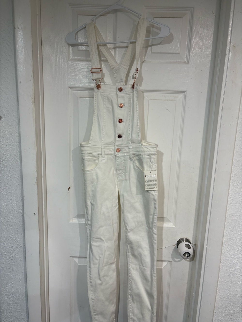Guess Off-White Denim Overalls with Rose Gold Hardware
